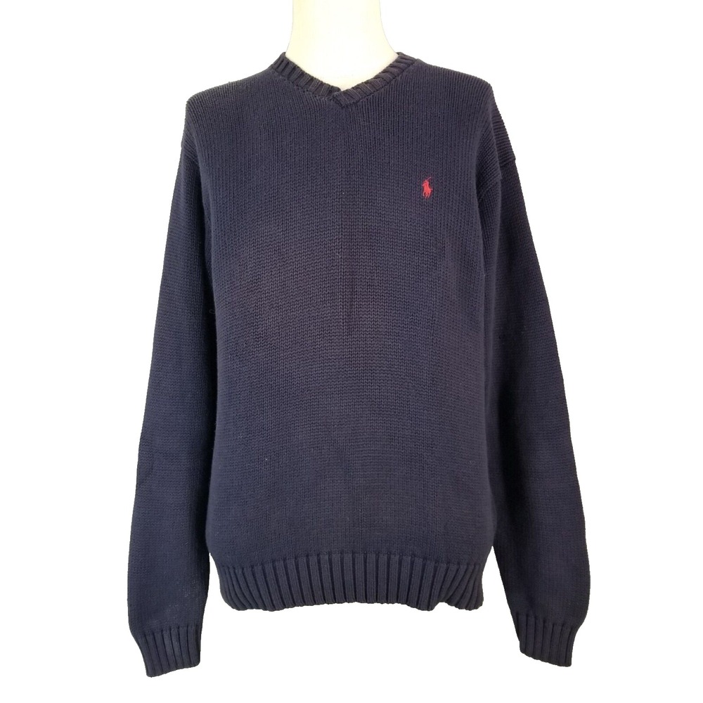 Polo Ralph Lauren Sweater Mens XL Blue V Neck Cotton Pullover Preppy Logo